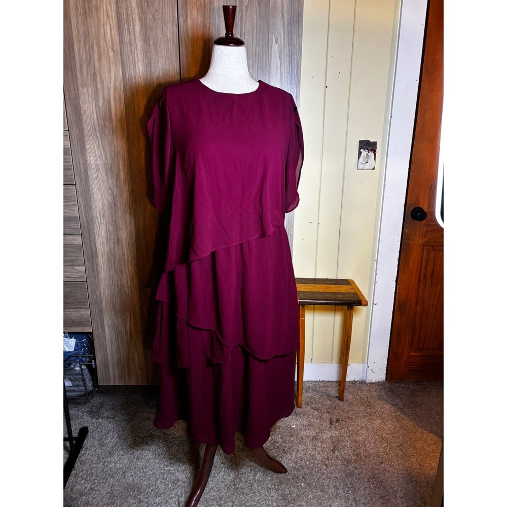 297. Burgundy Tiered Chiffon Flutter Sleeve Midi Dress 1XL Asymmetrical Layered - Picture 2 of 5